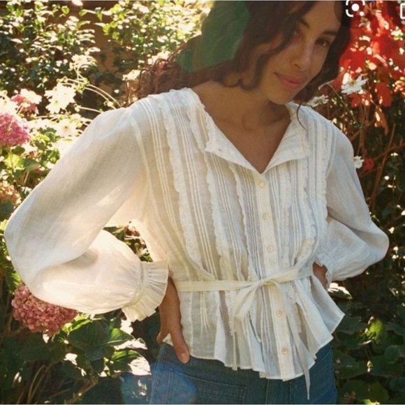 Doen Tops - Doen Sierra Lace Ruffle Button Front Long Sleeve Top Blouse Salt White Size S